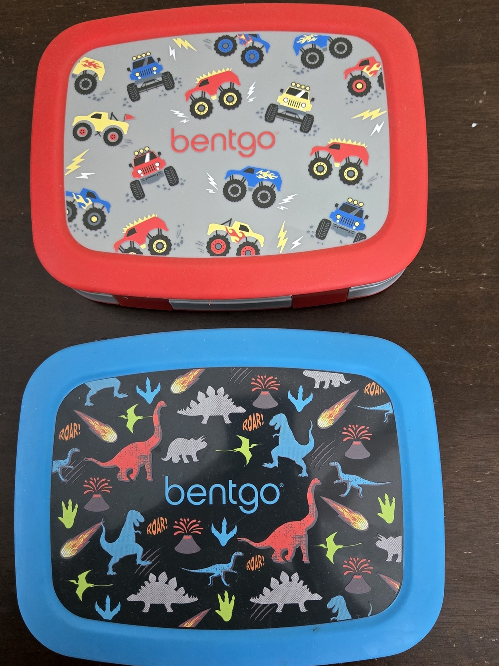 Kids Lunchbox Set - Red and Blue Monster Truck & Dinosaur Designs